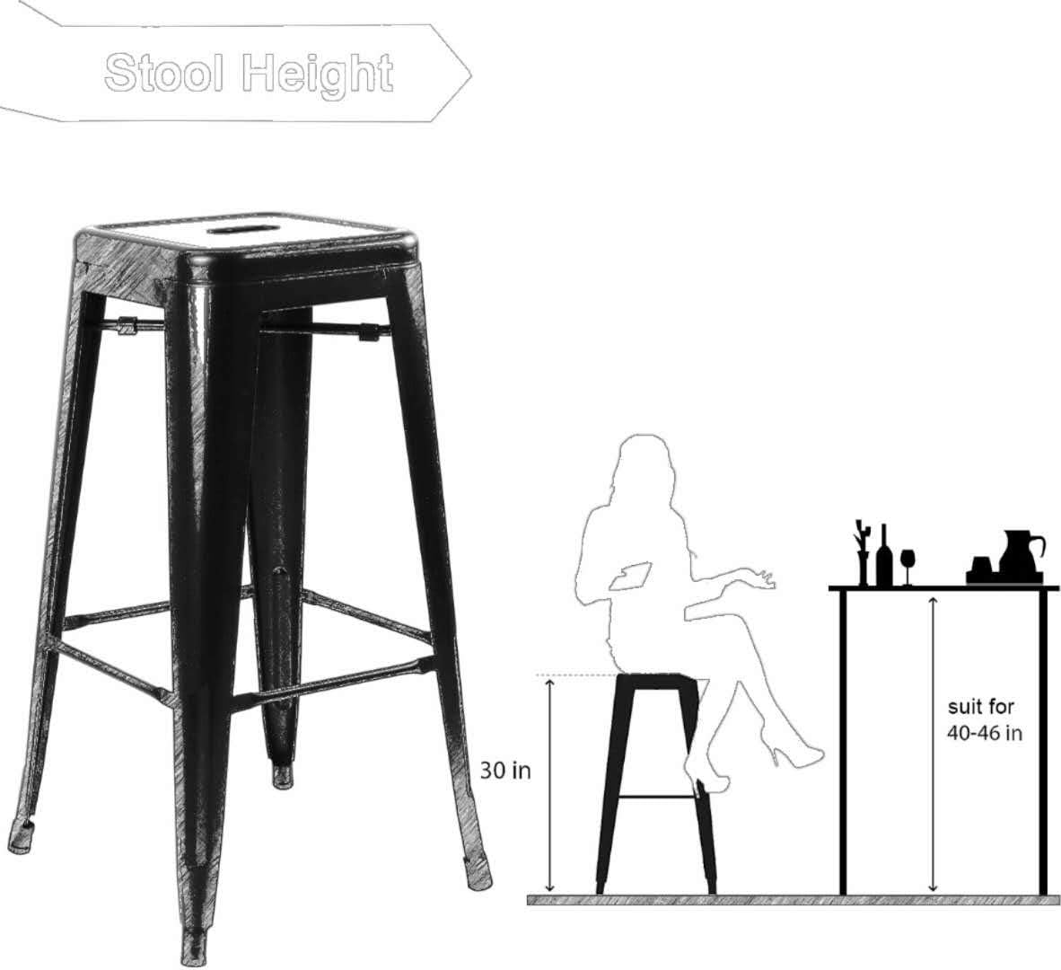 ADXH 76CM Metal Bar Stools High Backless Stools Bar Height Stools Patio Furniture Indoor/Outdoor Stackable Kitchen Stools Dining Chair (Matt Black)