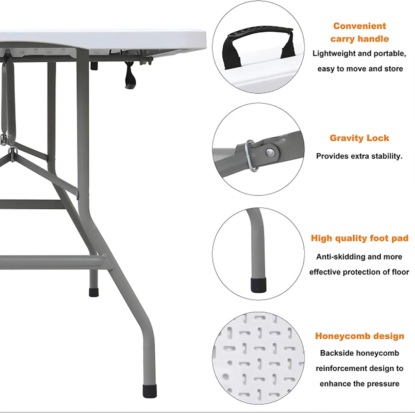 ADXH Classic Portable Plastic Folding Table for Picnic Dining table,Camp Event,Plain White zk180s, LC-1.8M-6FT-09, 180 x70 x 74cm