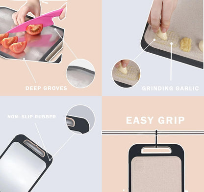 ADXH Chopping Board, Large Stainless Steel Cutting Board, Food-Grade Chopping Board with Rice Husk Fiber &amp; Wheat Straw PP, Double-Sided Kitchen Cutting Board with Easy-Grip Handle