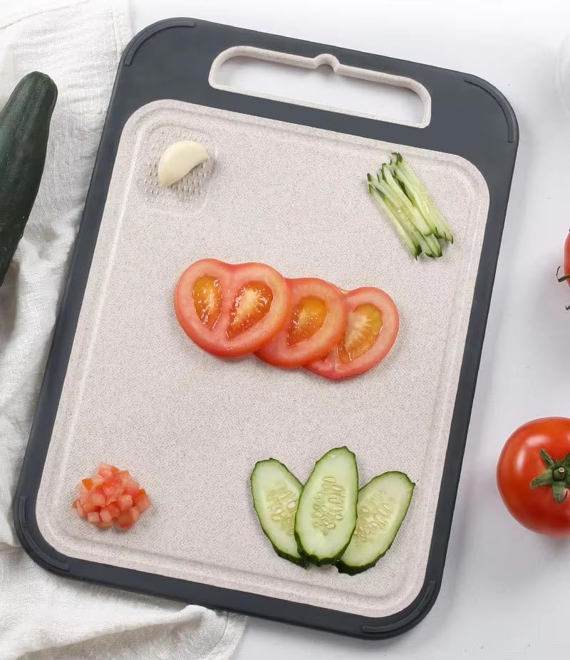 ADXH Chopping Board, Large Stainless Steel Cutting Board, Food-Grade Chopping Board with Rice Husk Fiber &amp; Wheat Straw PP, Double-Sided Kitchen Cutting Board with Easy-Grip Handle