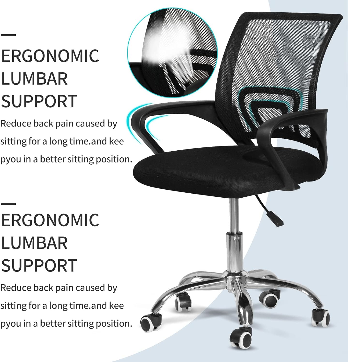 ADXH Office Chair,Comfort Ergonomic Height Adjustable Desk Chair with Lumbar Support Backrest Black 56 * 56 * 95cm