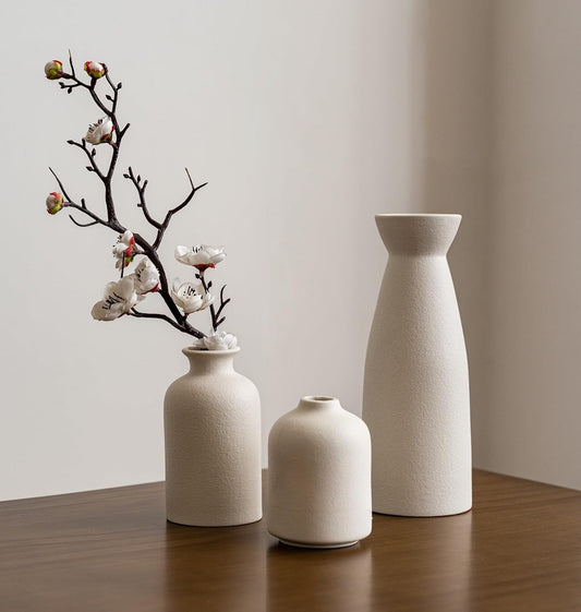 ADXH Home Decor Ceramic Vase Set of 3 : Pampas Grass Dried Flowers Vase Morden Boho Vases Decoration Items for Living Room Home Kitchen Dinner Table Shelf Office Desk Decor (Beige)