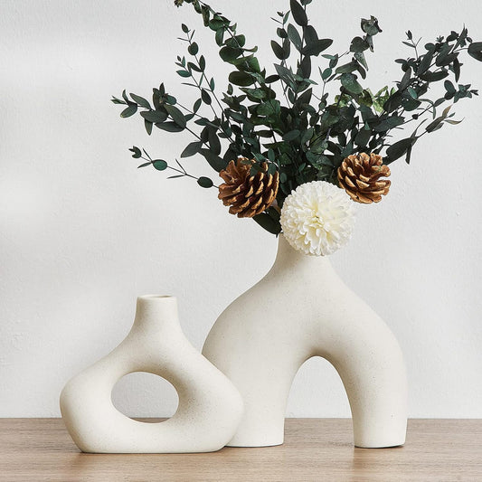 ADXH White Ceramic Donut Vase Set of 2 for Modern Home Decor, Minimalist Round Vase for Centerpieces, Unique Neutral Boho Vase for Living Room, TV Stand, Dining Room, Dinner Table Decoration